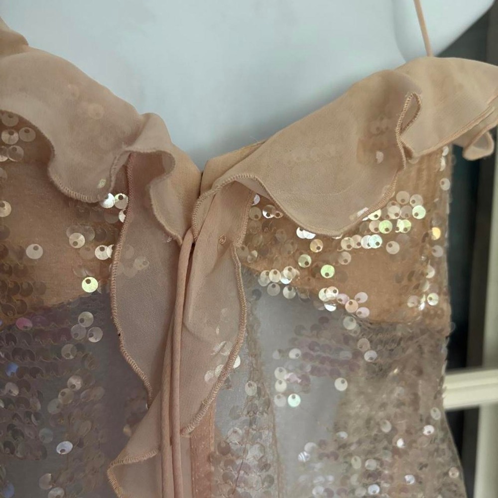 Zara Pink Sequin Camisole Top, featuring sheer mesh ruffled chiffon trim SZ XS - Picture 4 of 7